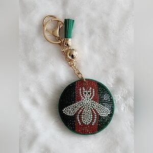 Designer Inspired Logo Green Red and Silver Bee Keychain Bag Chain